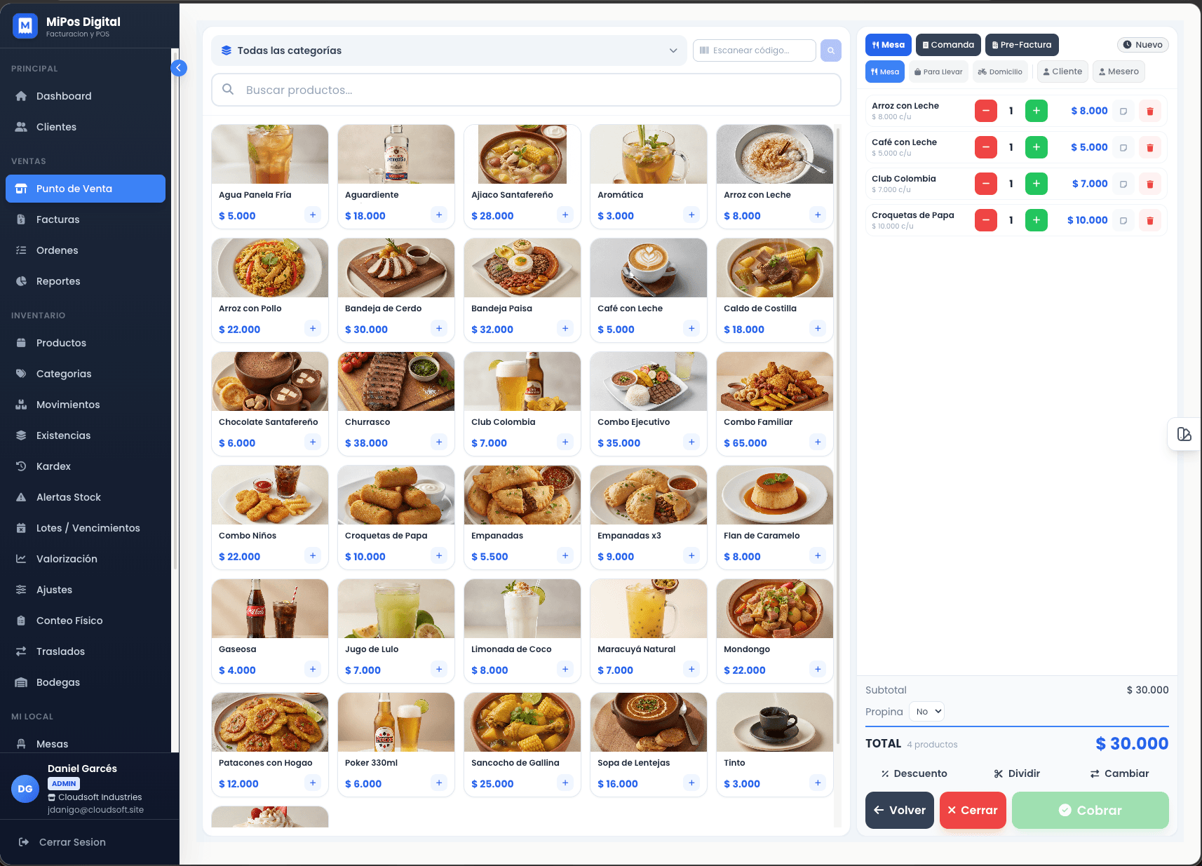 Pantalla del punto de venta de MiPos Digital con productos y orden activa